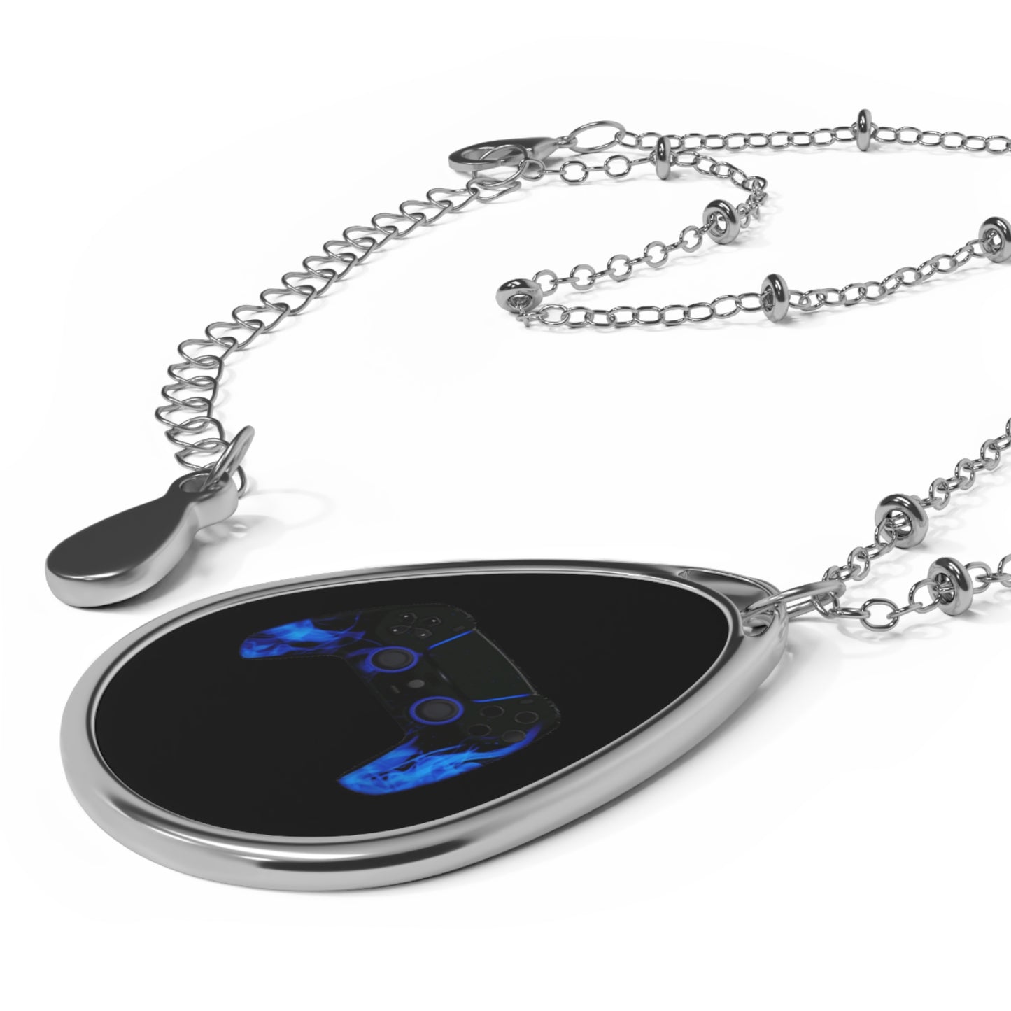 Blue Flame Black Gaming Controller Oval Necklace