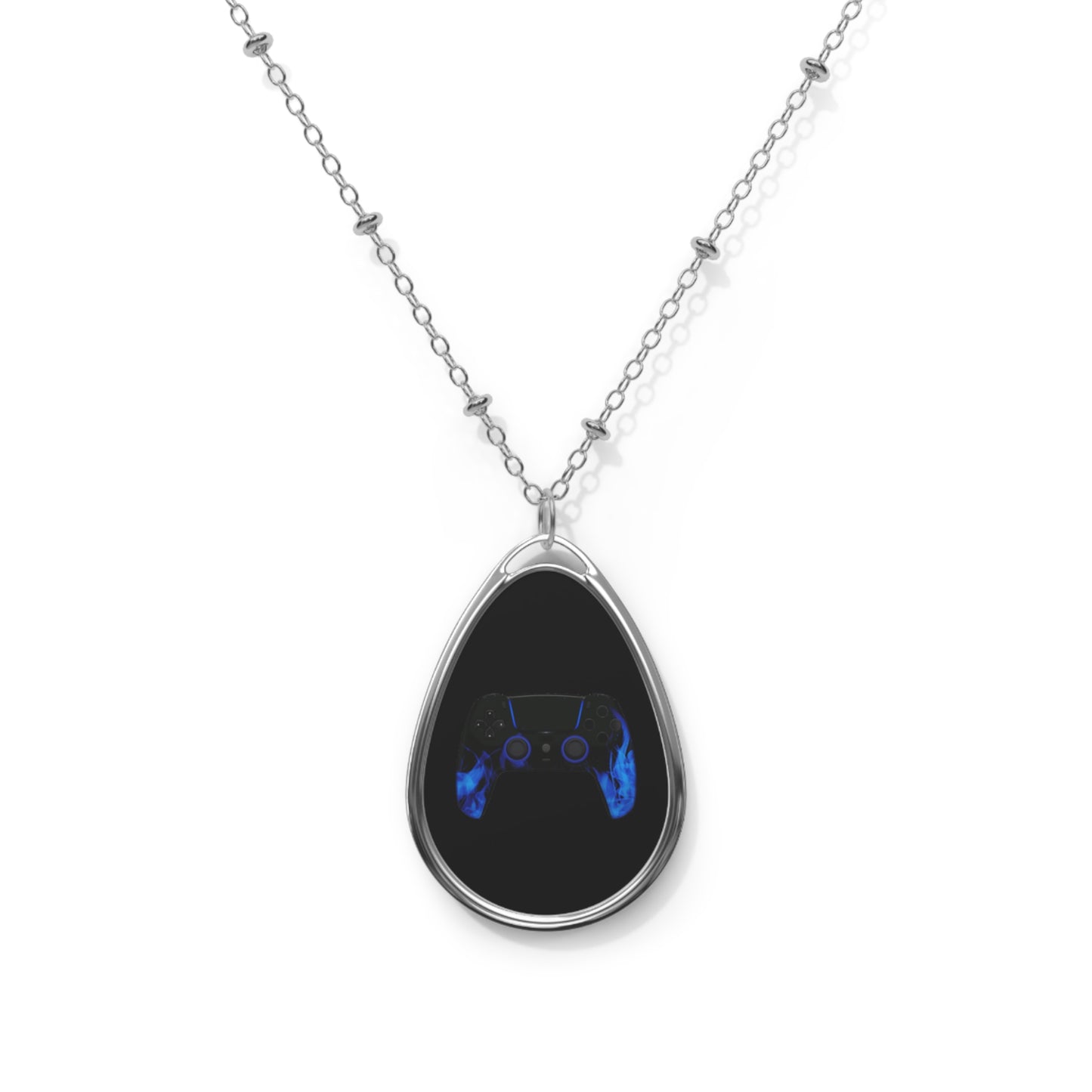 Blue Flame Black Gaming Controller Oval Necklace