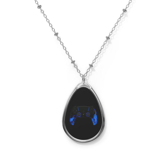 Blue Flame Black Gaming Controller Oval Necklace